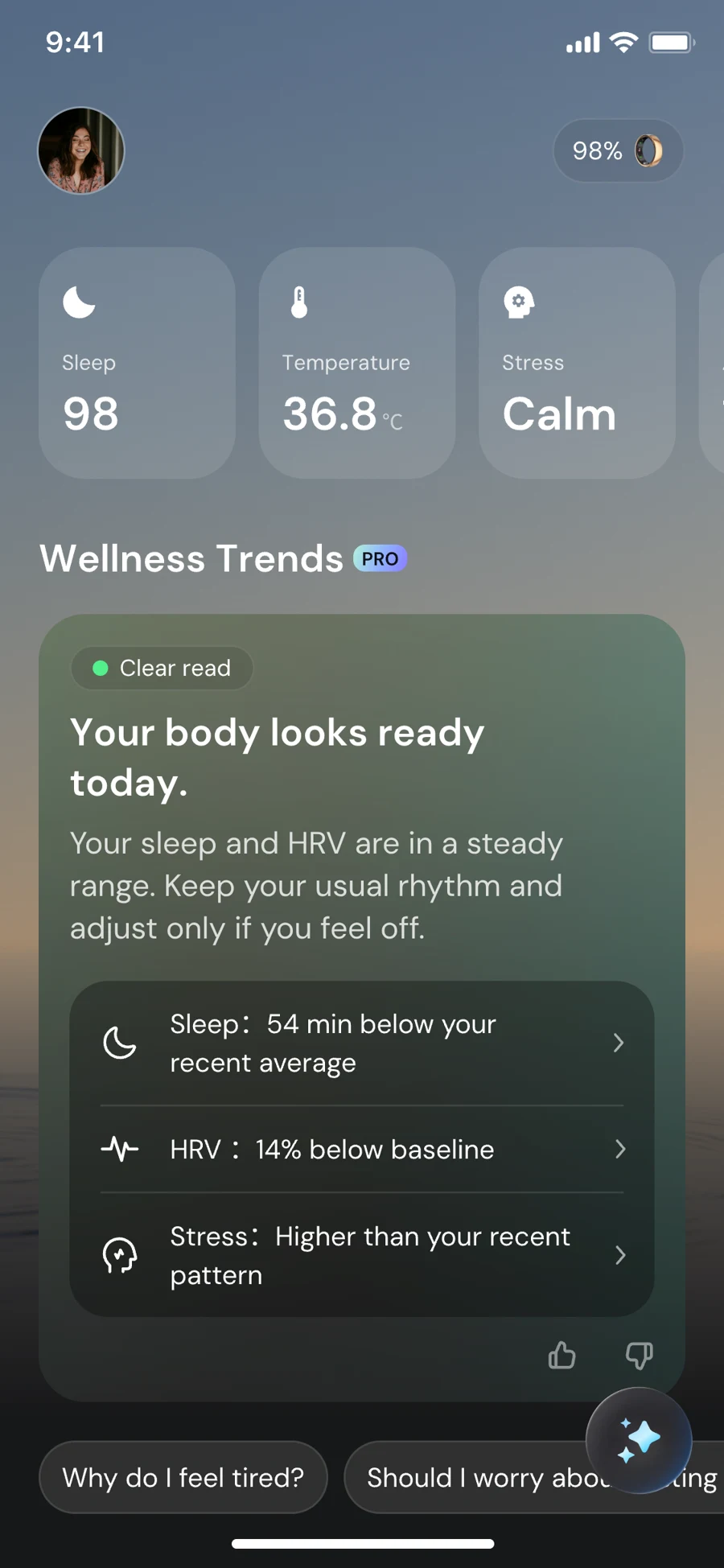 SoMind app dashboard showing sleep, temperature, stress and personalized Wellness Trends